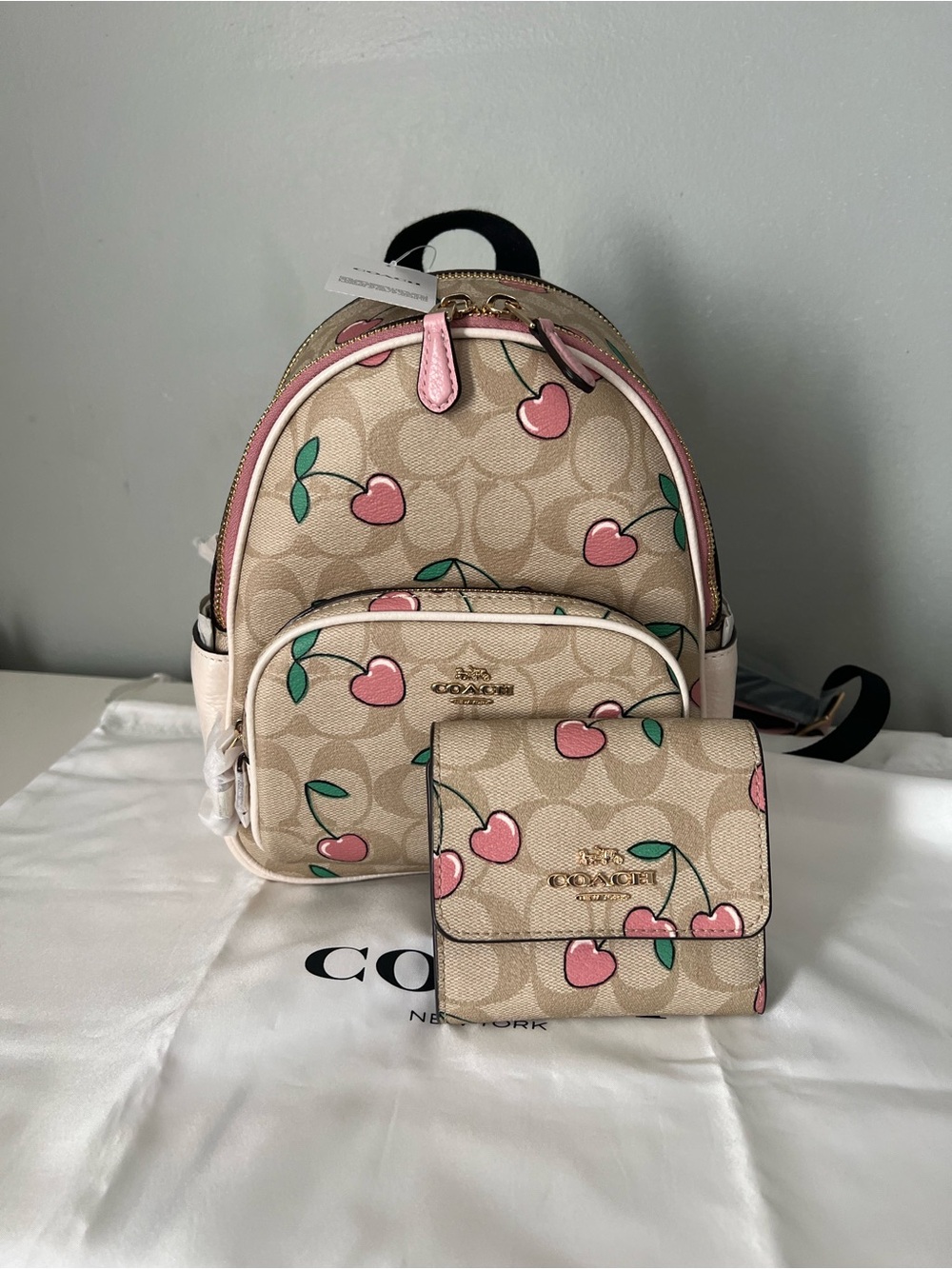 Coach Beige Signature Cherry Print Mini Backpack & Wallet - Pink/Green Accents